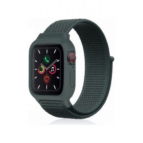Newface Apple Watch 40mm Hasırlı Cırtcırtlı Kasalı Kordon - Haki Yeşil