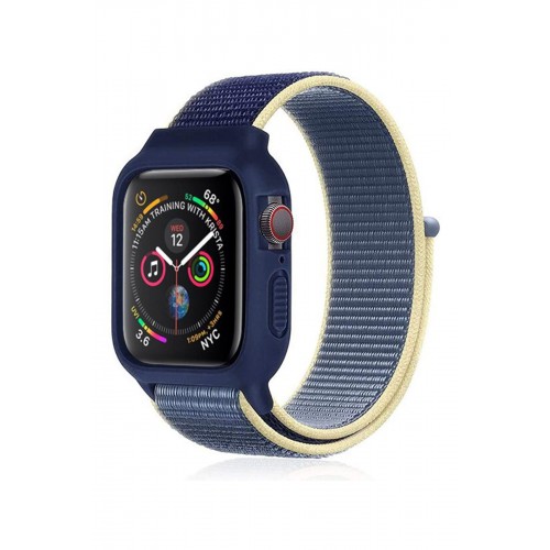 Newface Apple Watch 40mm Hasırlı Cırtcırtlı Kasalı Kordon - Sarı-Lacivert