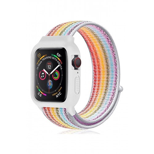 Newface Apple Watch 42mm Hasırlı Cırtcırtlı Kasalı Kordon - Gökkuşağı 1