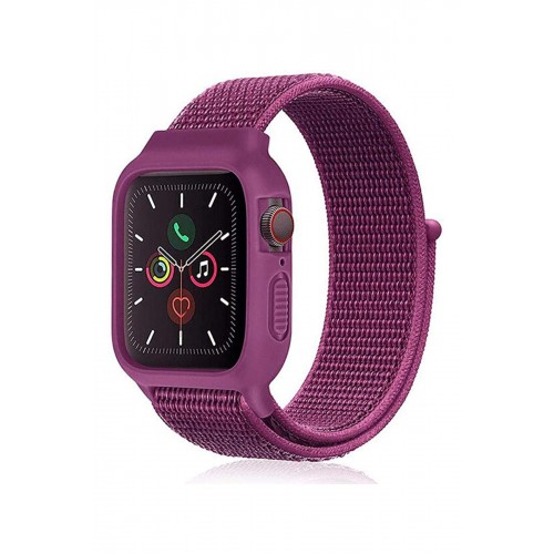 Newface Apple Watch 44mm Hasırlı Cırtcırtlı Kasalı Kordon - Fuşya