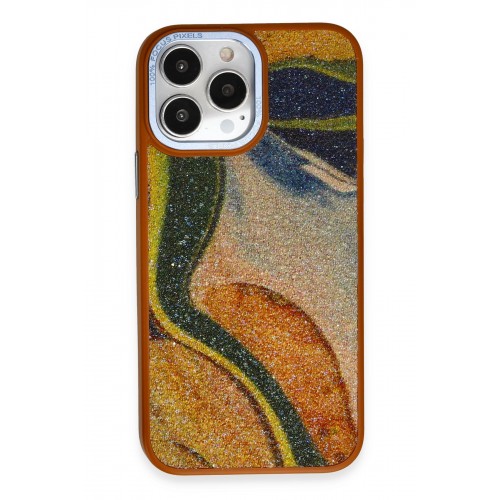 Newface iPhone 13 Pro Kılıf Moda Simli Kapak - Kahverengi