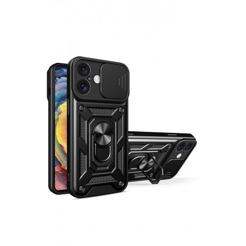Newface iPhone 16 Kılıf Pars Lens Yüzüklü Silikon - Siyah