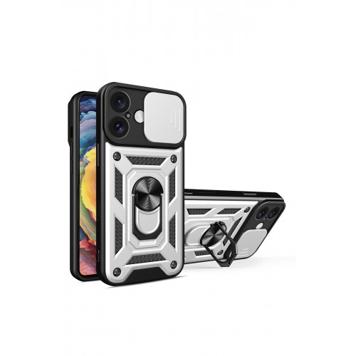 Newface iPhone 16 Kılıf Pars Lens Yüzüklü Silikon - Gümüş