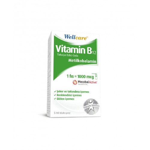 Wellcare Vitamin B12 1000 mcg Dilaltı Sprey 5 ml | Enerji Üretimi, Sinir Sistemi Sağlığı ve Kırmızı Kan Hücrelerinin Oluşumuna Yardımcı Takviye Edici Gıda
