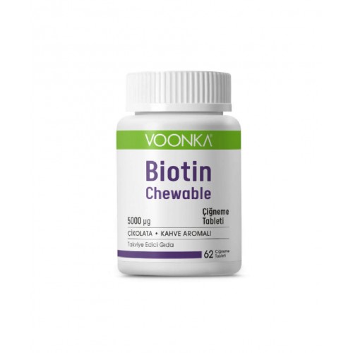 Voonka Biotin 5000 mcg 62 Çiğneme Tablet | Saç, Cilt ve Tırnak Sağlığını Destekleyen Vitamin B7 İçeren Çikolata Kahve Aromalı Takviye Edici Gıda