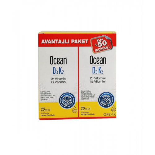 Ocean D3K2 Damla 20 ml 2'li Paket | Vücudunuzun İhtiyaç Duyduğu D ve K Vitaminlerini Sağlayan Takviye Edici Gıda