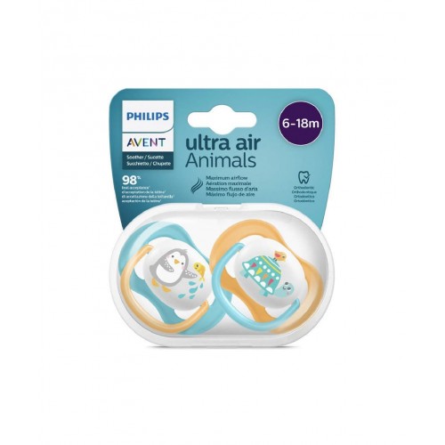 Philips Avent Ultra Air Animals 6-18m Mavi Emzik 2'li | Bebeğinizin Hassas Damaklarına Özel Hayvan Figürlü Yumuşak Emzik