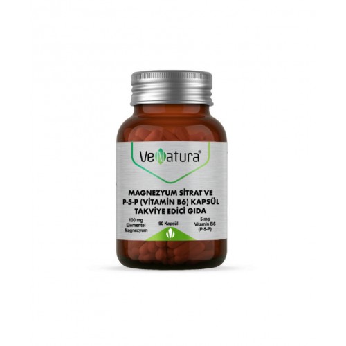 VeNatura Magnezyum Sitrat ve P-5-P (Vitamin B6) 90 Kapsül |  Kas Ve Sinir Fonksiyonlarını Destekleyici ve Enerji Seviyelerini Yükseltmeye Yardımcı Takviye Gıda