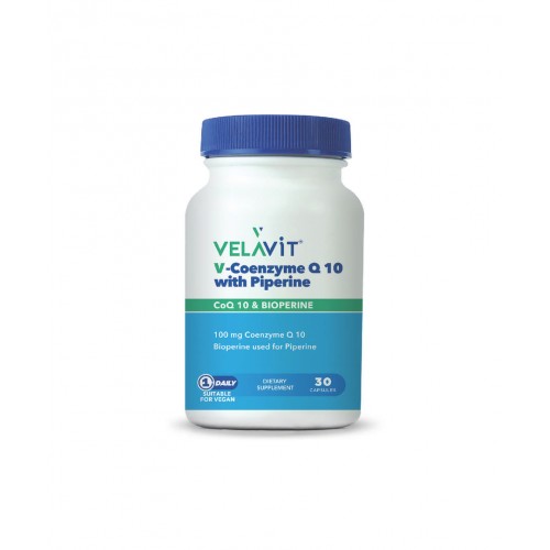 Velavit V-Coenzyme Q10 With Piperine 30 Kapsül | Vücut Enerjisini Artırmaya Yardımcı ve Hücresel Fonksiyonları Destekleyici Takviye Edici Gıda