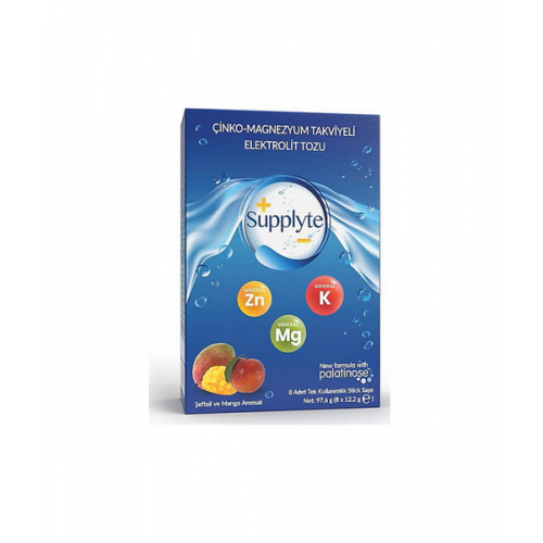Supplyte Elektrolit Tozu 8 Stick Saşe Şeftali Mango | Çinko ve Magnezyum İçeren Elektrolit Tozu