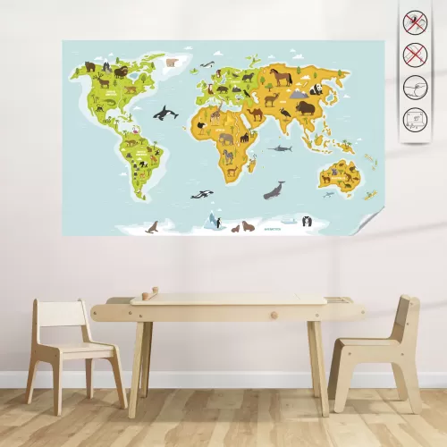  Hayvanlı Dünya Haritası Beyaz ( Model-4) 98 CM X 140 CM