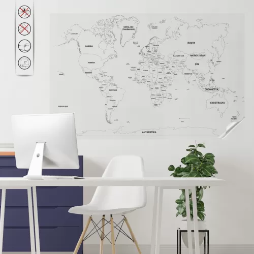 Statik Kağıt Renksiz Dünya Haritası 95 CM X 150 CM TÜRKÇE