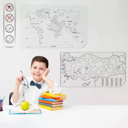 Statik Kağıt Renksiz Türkiye Dünya Harita Seti 56 CM X 110 CM