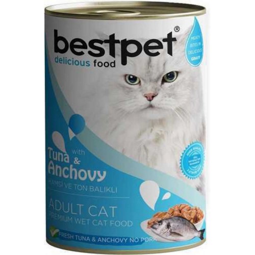 Bestpet Yetişkin Kediler İçin, Taze Tuna Balıklı, Taze Hamsi Parça Etli Ve Soslu Yaş Mama 400 gr X 12 ADET 
