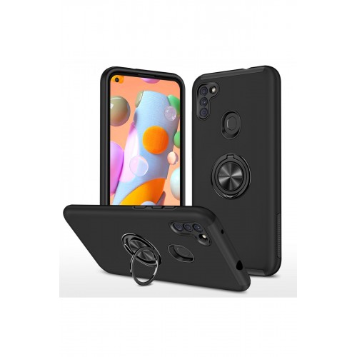 Newface Samsung Galaxy M11 Kılıf Elit Yüzüklü Kapak - Siyah
